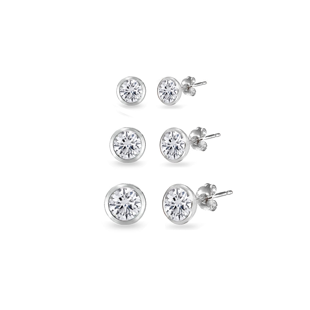 3-Pair Set Sterling Silver Cubic Zirconia Bezel-Set Solitiarie Round Stud Earrings, 4mm 5mm 6mm