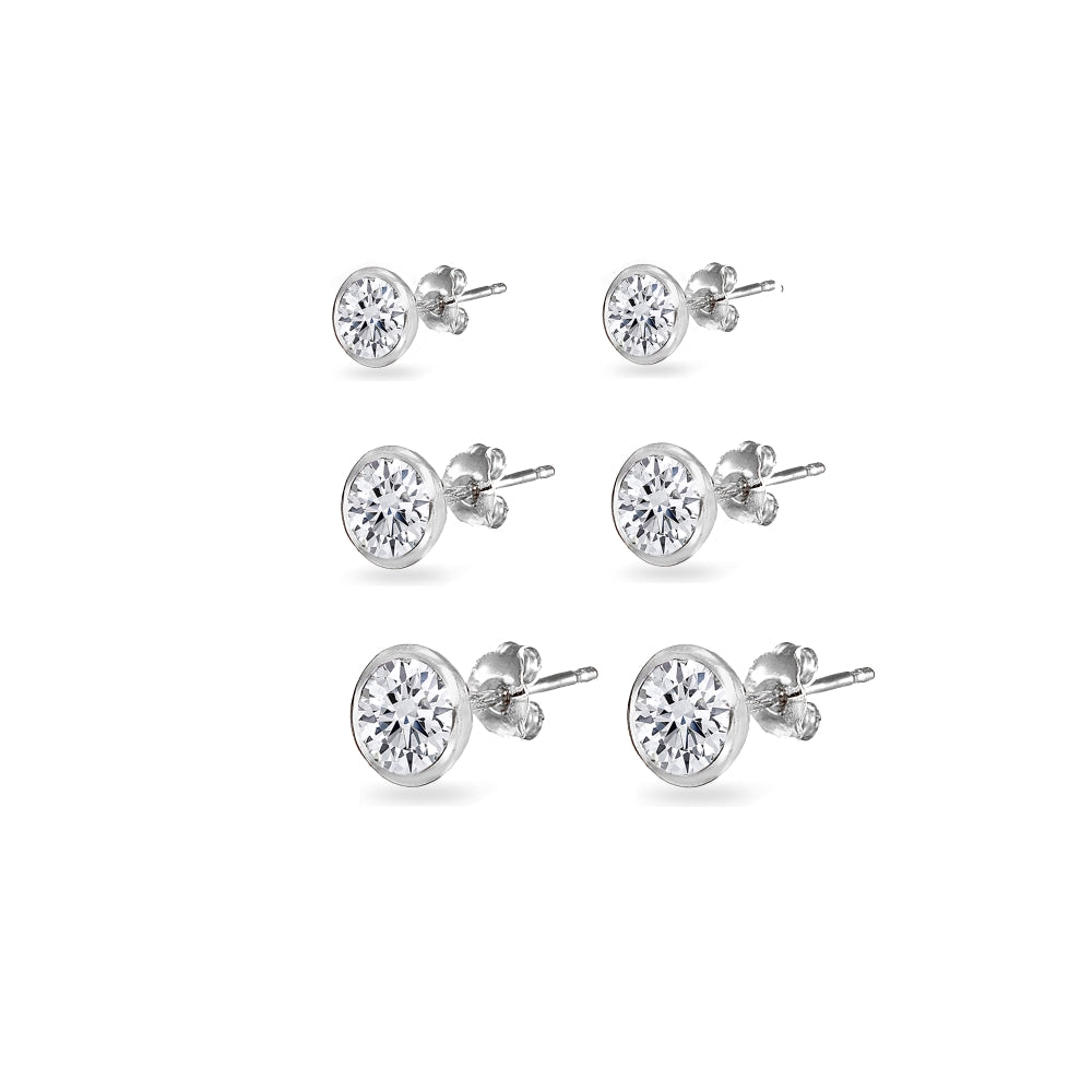 3-Pair Set Sterling Silver Cubic Zirconia Bezel-Set Solitiarie Round Stud Earrings, 4mm 5mm 6mm-2