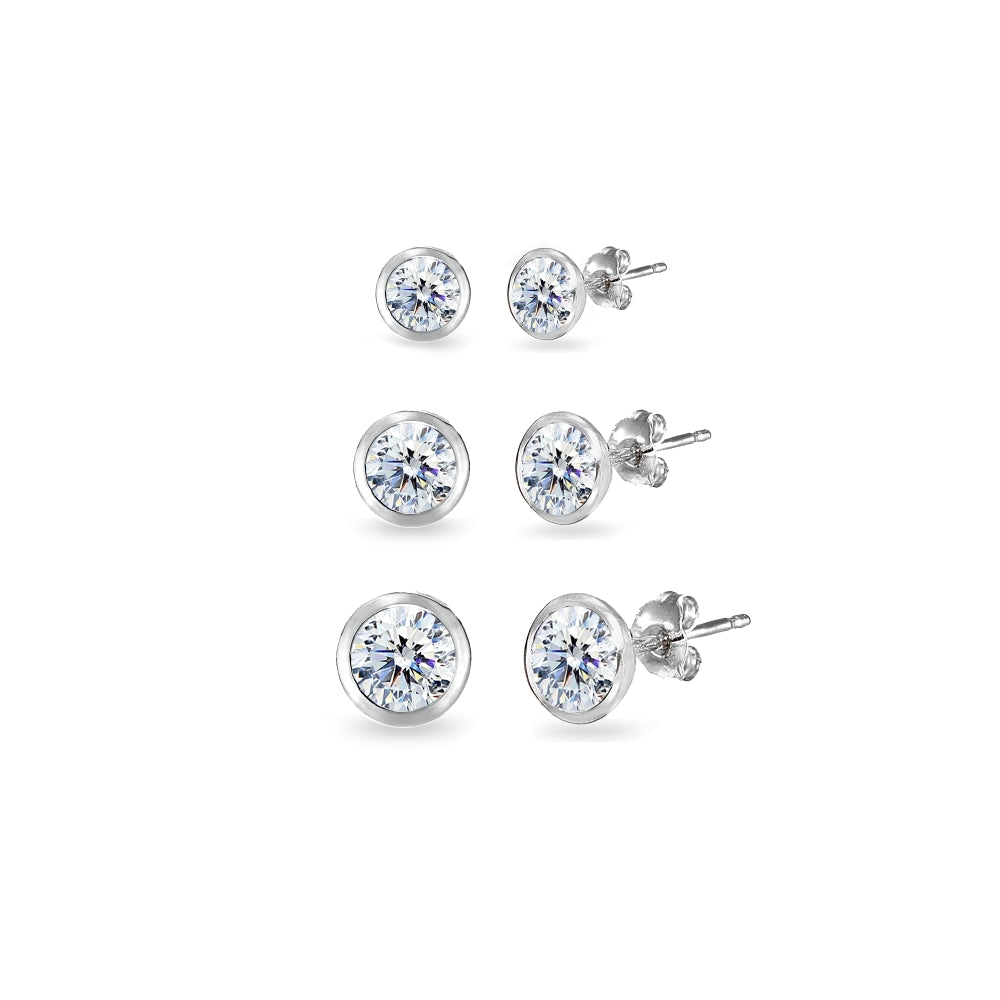 3-Pair Sterling Silver Cubic Zirconia Bezel Solitiarie Round Stud Earrings Set Made with Swarovski Zirconia, 4mm 5mm 6mm