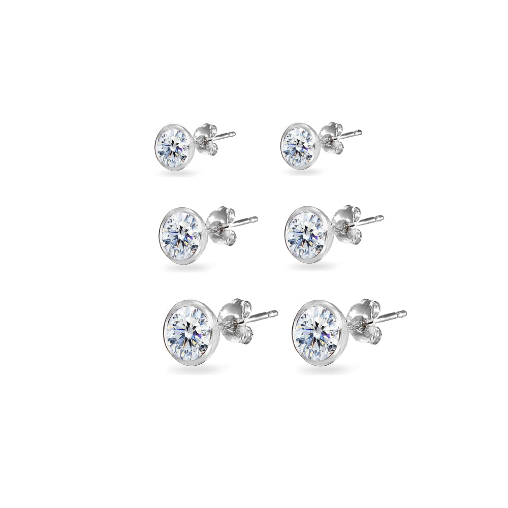 3-Pair Sterling Silver Cubic Zirconia Bezel Solitiarie Round Stud Earrings Set Made with Swarovski Zirconia, 4mm 5mm 6mm-2