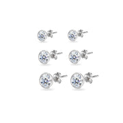 3-Pair Sterling Silver Cubic Zirconia Bezel Solitiarie Round Stud Earrings Set Made with Swarovski Zirconia, 4mm 5mm 6mm