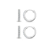 2 Pair Set Sterling Silver Tiny Small 15mm Prong-set Cubic Zirconia Round Huggie Hoop Earrings