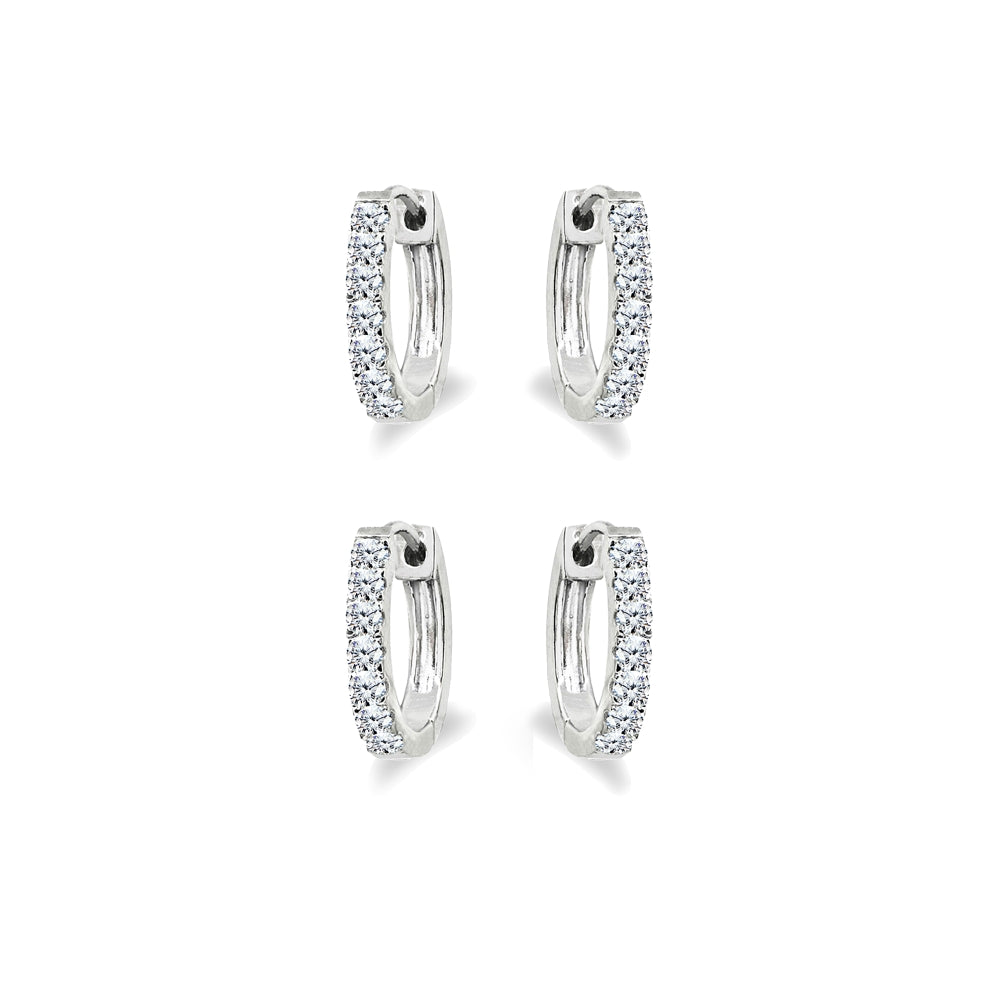 2 Pair Set Sterling Silver Tiny Small 15mm Prong-set Cubic Zirconia Round Huggie Hoop Earrings-2