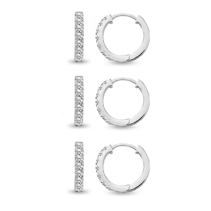 3 Pair Set Sterling Silver Tiny Small 15mm Prong-set Cubic Zirconia Round Huggie Hoop Earrings