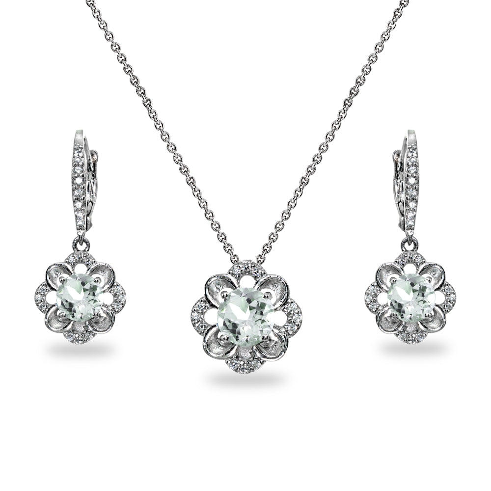 Sterling Silver Light Aquamarine 6mm Round-Cut Flower Dainty Slide Necklace & Leverback Earrings Set