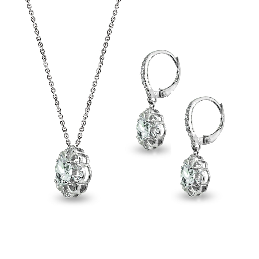 Sterling Silver Light Aquamarine 6mm Round-Cut Flower Dainty Slide Necklace & Leverback Earrings Set-2