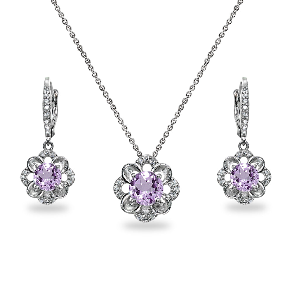 Sterling Silver Amethyst 6mm Round-Cut Flower Dainty Slide Necklace & Leverback Earrings Set-6