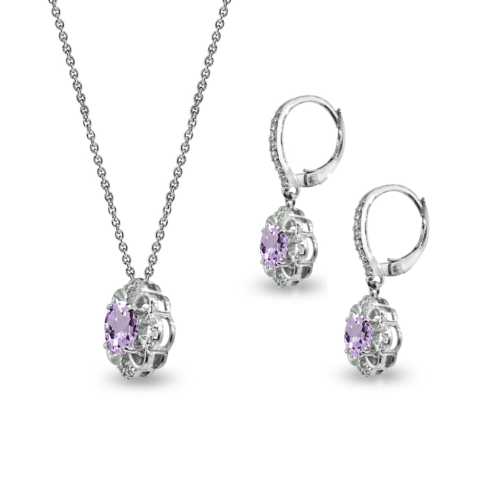 Sterling Silver Amethyst 6mm Round-Cut Flower Dainty Slide Necklace & Leverback Earrings Set-4
