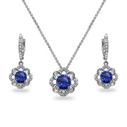 Sterling Silver Created Blue Sapphire 6mm Round-Cut Flower Dainty Slide Necklace & Leverback Earrings Set