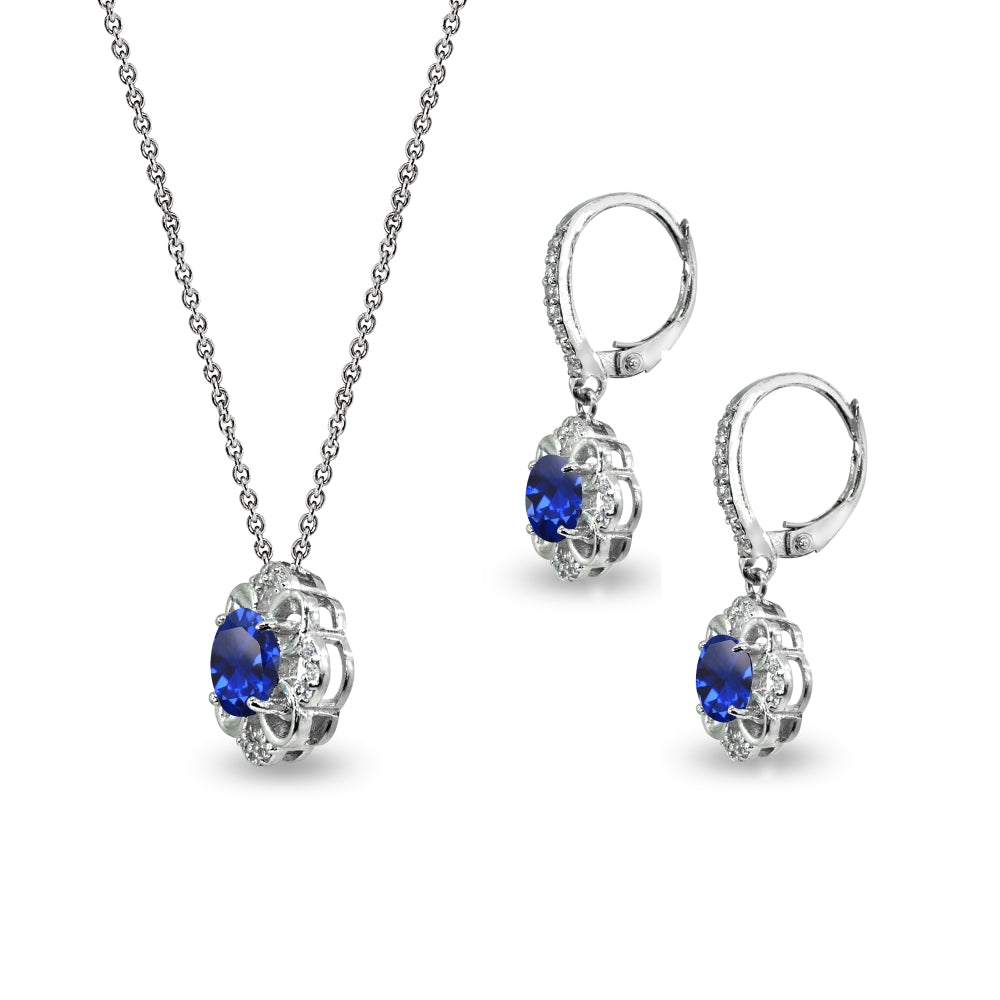 Sterling Silver Created Blue Sapphire 6mm Round-Cut Flower Dainty Slide Necklace & Leverback Earrings Set-2
