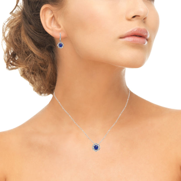 Sterling Silver Created Blue Sapphire 6mm Round-Cut Flower Dainty Slide Necklace & Leverback Earrings Set