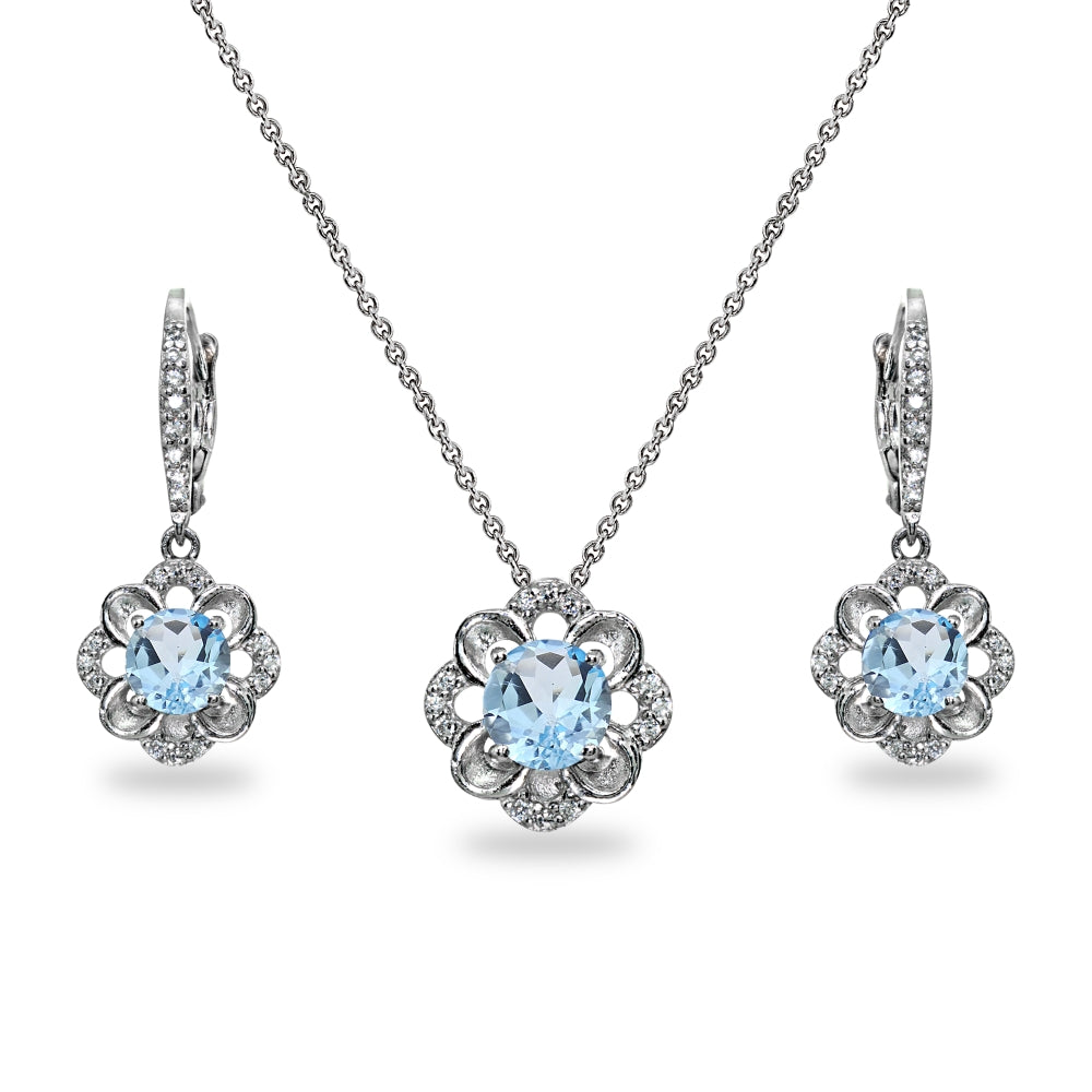 Sterling Silver Blue Topaz 6mm Round-Cut Flower Dainty Slide Necklace & Leverback Earrings Set