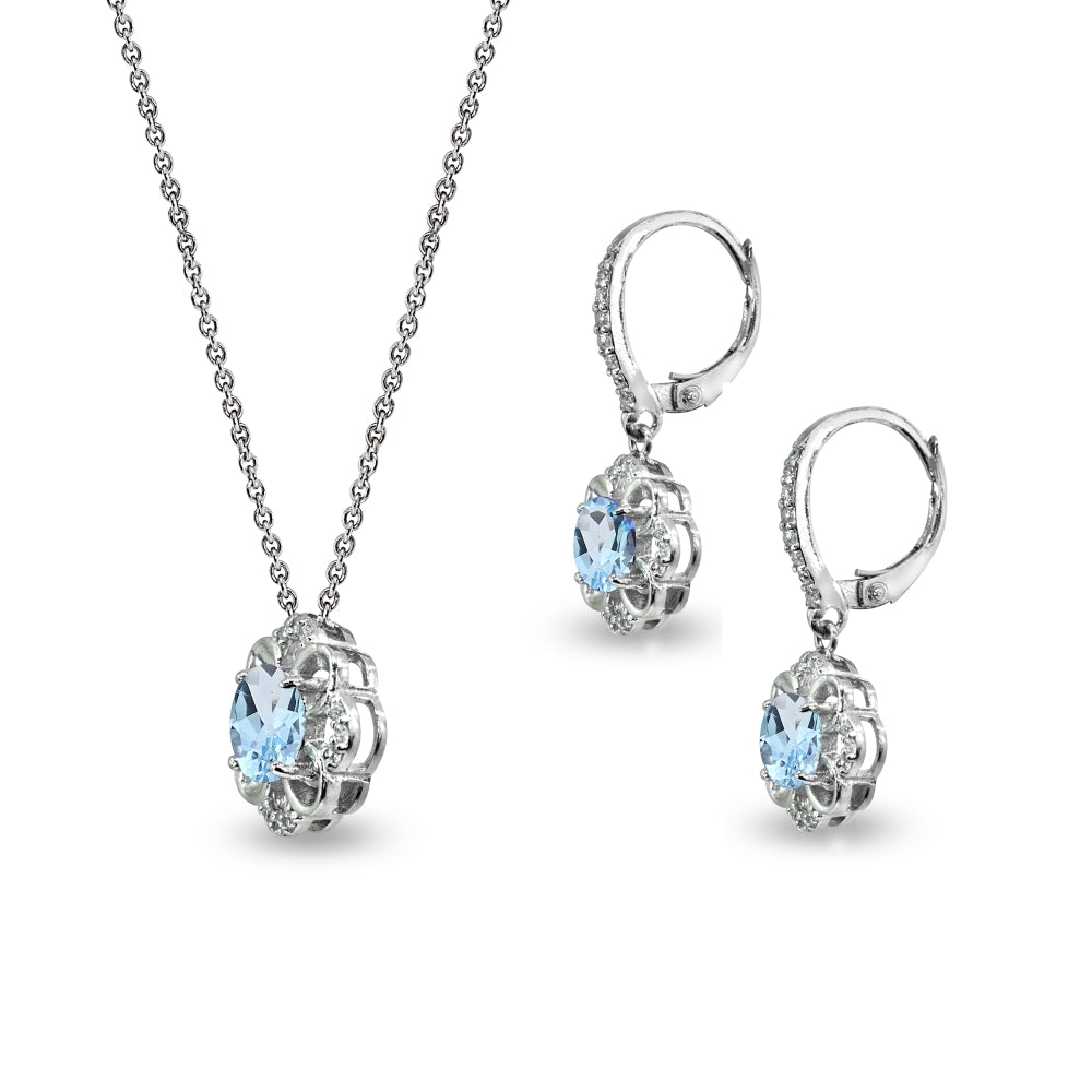 Sterling Silver Blue Topaz 6mm Round-Cut Flower Dainty Slide Necklace & Leverback Earrings Set-2