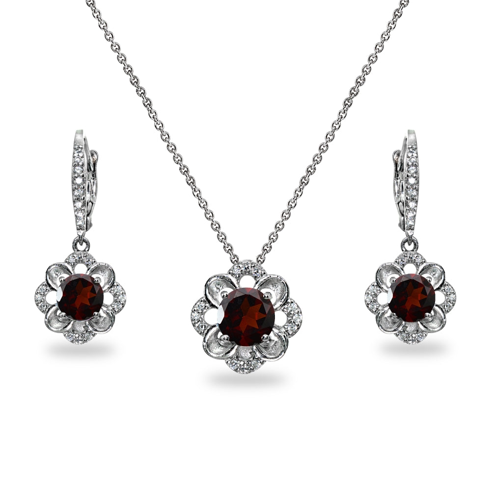 Sterling Silver Garnet 6mm Round-Cut Flower Dainty Slide Necklace & Leverback Earrings Set