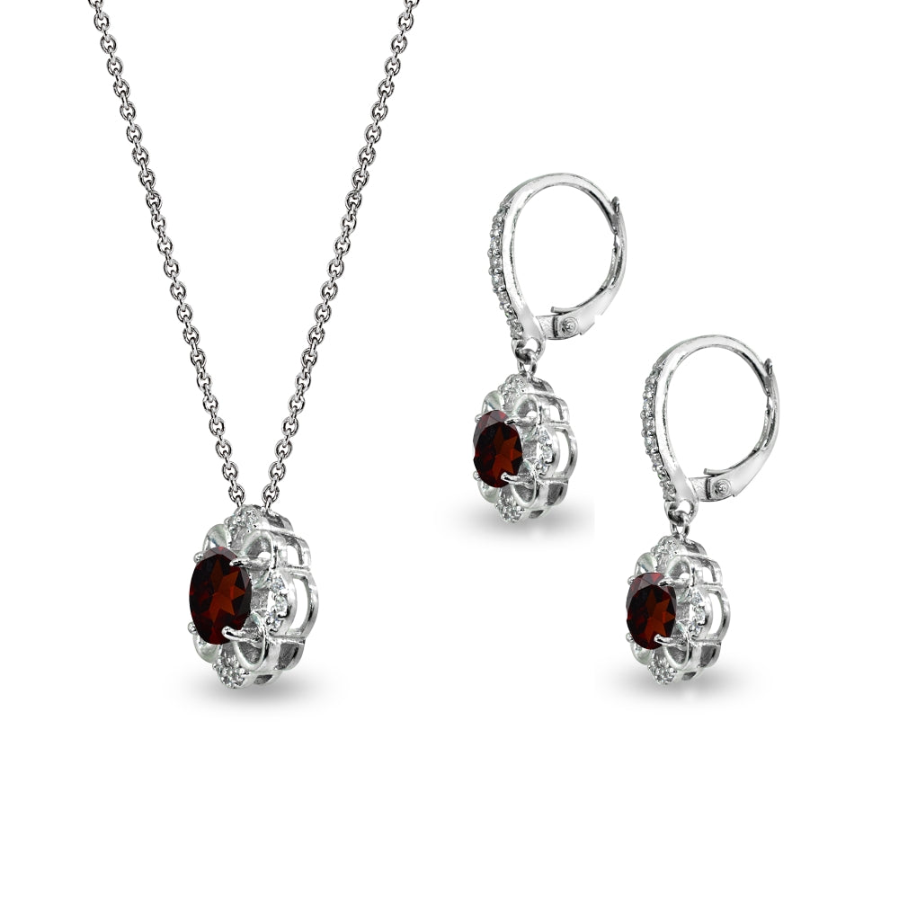 Sterling Silver Garnet 6mm Round-Cut Flower Dainty Slide Necklace & Leverback Earrings Set-2