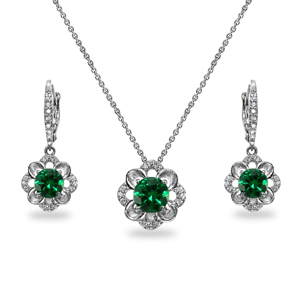 Sterling Silver Simulated Emerald 6mm Round-Cut Flower Dainty Slide Necklace & Leverback Earrings Set