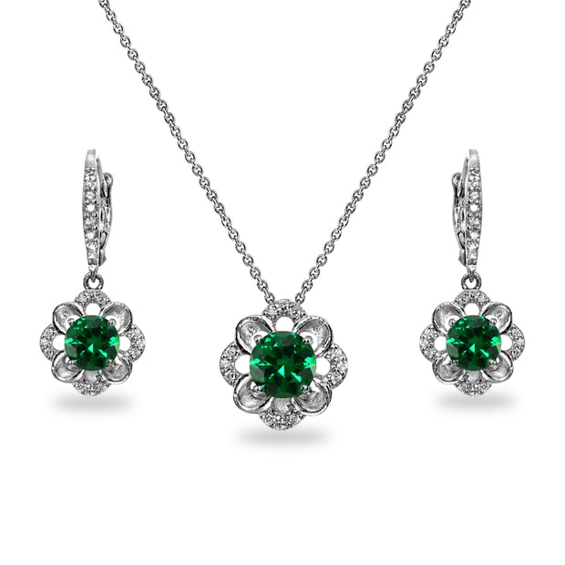 Sterling Silver Simulated Emerald 6mm Round-Cut Flower Dainty Slide Necklace & Leverback Earrings Set