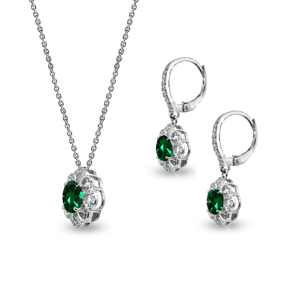 Sterling Silver Simulated Emerald 6mm Round-Cut Flower Dainty Slide Necklace & Leverback Earrings Set-2