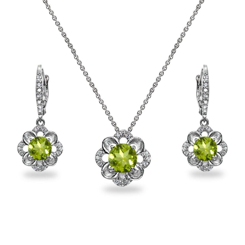 Sterling Silver Peridot 6mm Round-Cut Flower Dainty Slide Necklace & Leverback Earrings Set