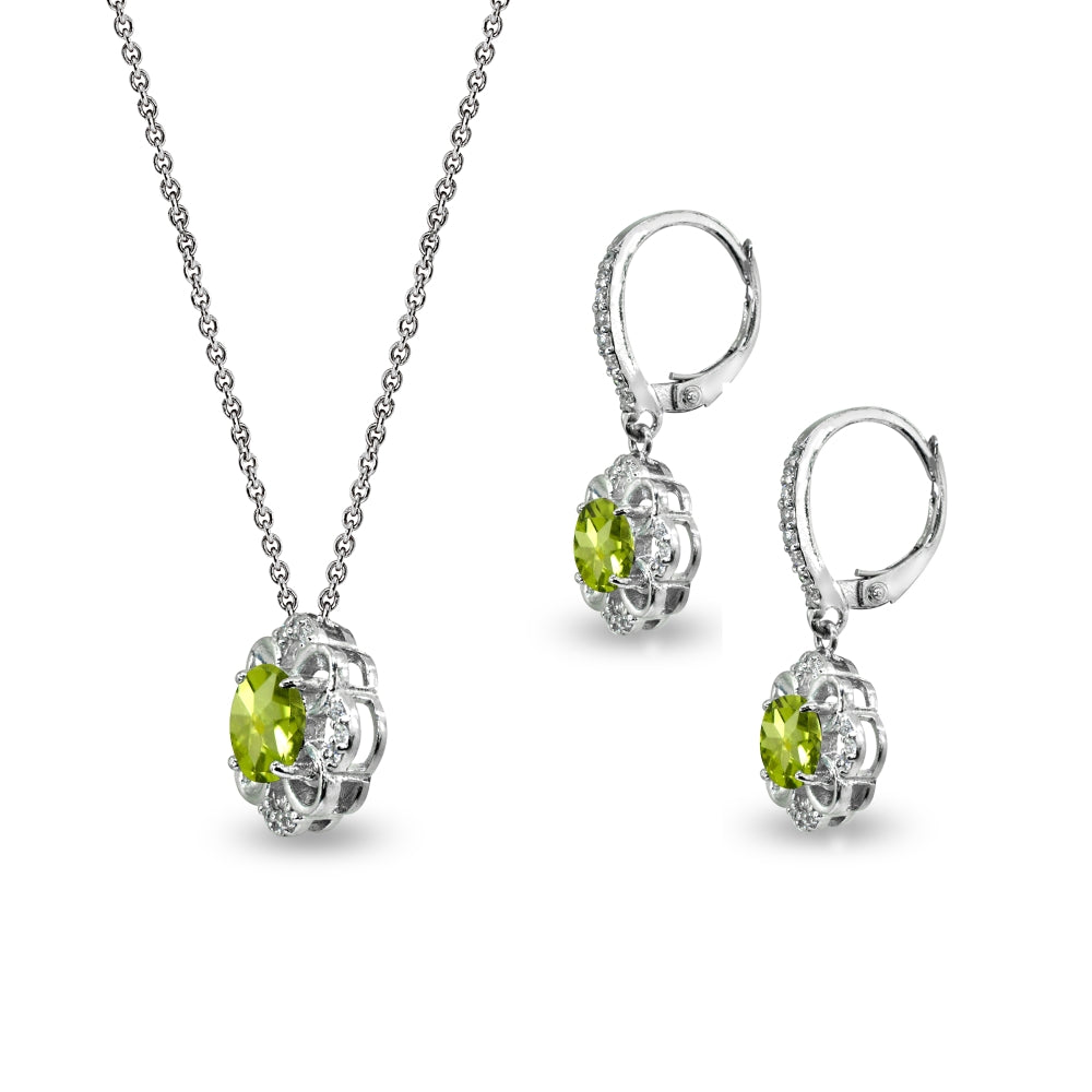 Sterling Silver Peridot 6mm Round-Cut Flower Dainty Slide Necklace & Leverback Earrings Set-2