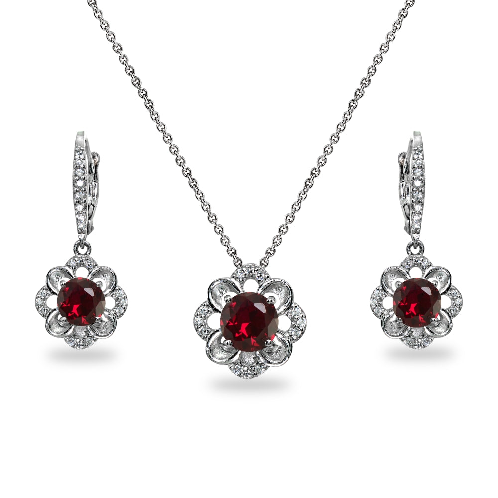 Sterling Silver Created Ruby 6mm Round-Cut Flower Dainty Slide Necklace & Leverback Earrings Set