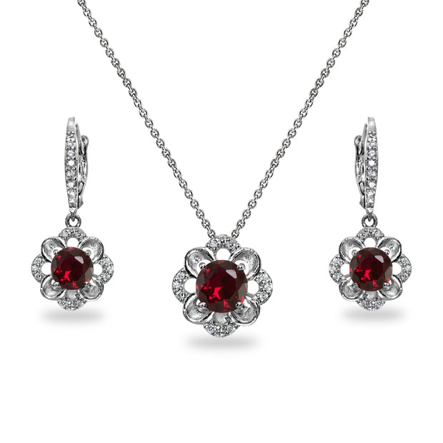 Sterling Silver Created Ruby 6mm Round-Cut Flower Dainty Slide Necklace & Leverback Earrings Set