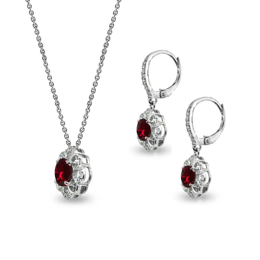 Sterling Silver Created Ruby 6mm Round-Cut Flower Dainty Slide Necklace & Leverback Earrings Set-2