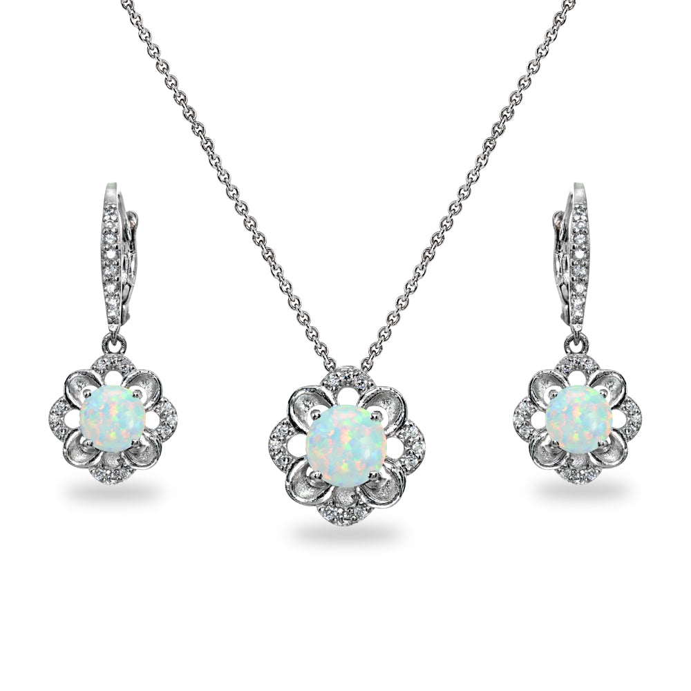 Sterling Silver Created White Opal 6mm Round-Cut Flower Dainty Slide Necklace & Leverback Earrings Set