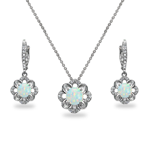 Sterling Silver Created White Opal 6mm Round-Cut Flower Dainty Slide Necklace & Leverback Earrings Set