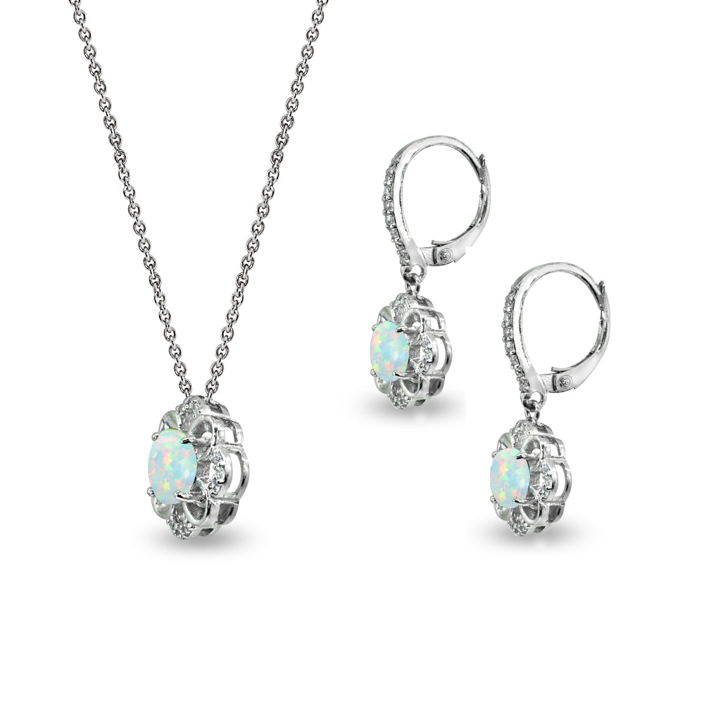 Sterling Silver Created White Opal 6mm Round-Cut Flower Dainty Slide Necklace & Leverback Earrings Set-2