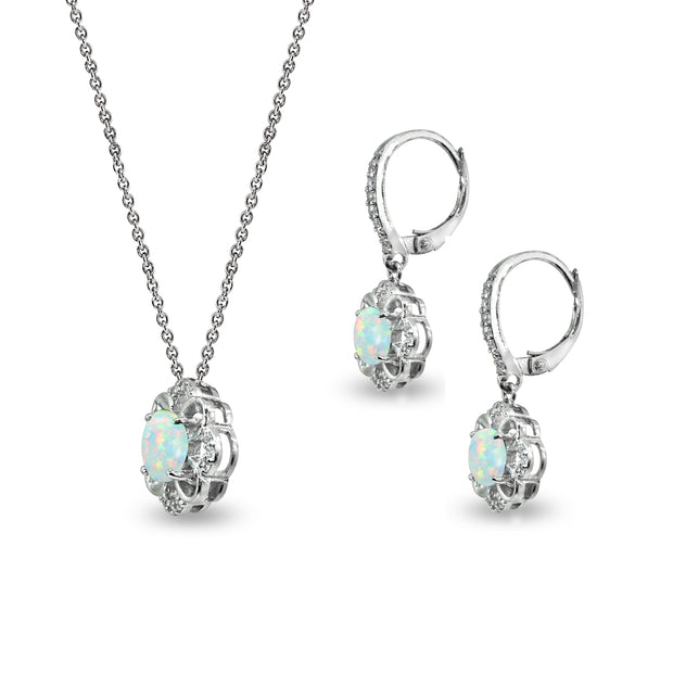 Sterling Silver Created White Opal 6mm Round-Cut Flower Dainty Slide Necklace & Leverback Earrings Set