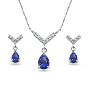 Sterling Silver Created Blue Sapphire Teardrop V Design Arrow Necklace & Dangle Earrings Set