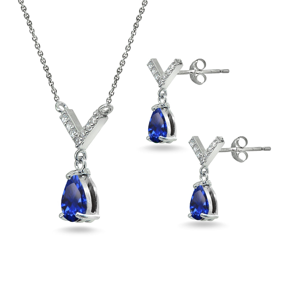 Sterling Silver Created Blue Sapphire Teardrop V Design Arrow Necklace & Dangle Earrings Set-2