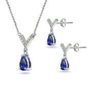 Sterling Silver Created Blue Sapphire Teardrop V Design Arrow Necklace & Dangle Earrings Set