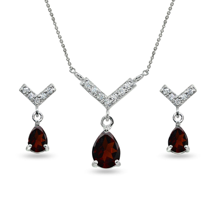 Sterling Silver Garnet Teardrop V Design Arrow Necklace & Dangle Earrings Set