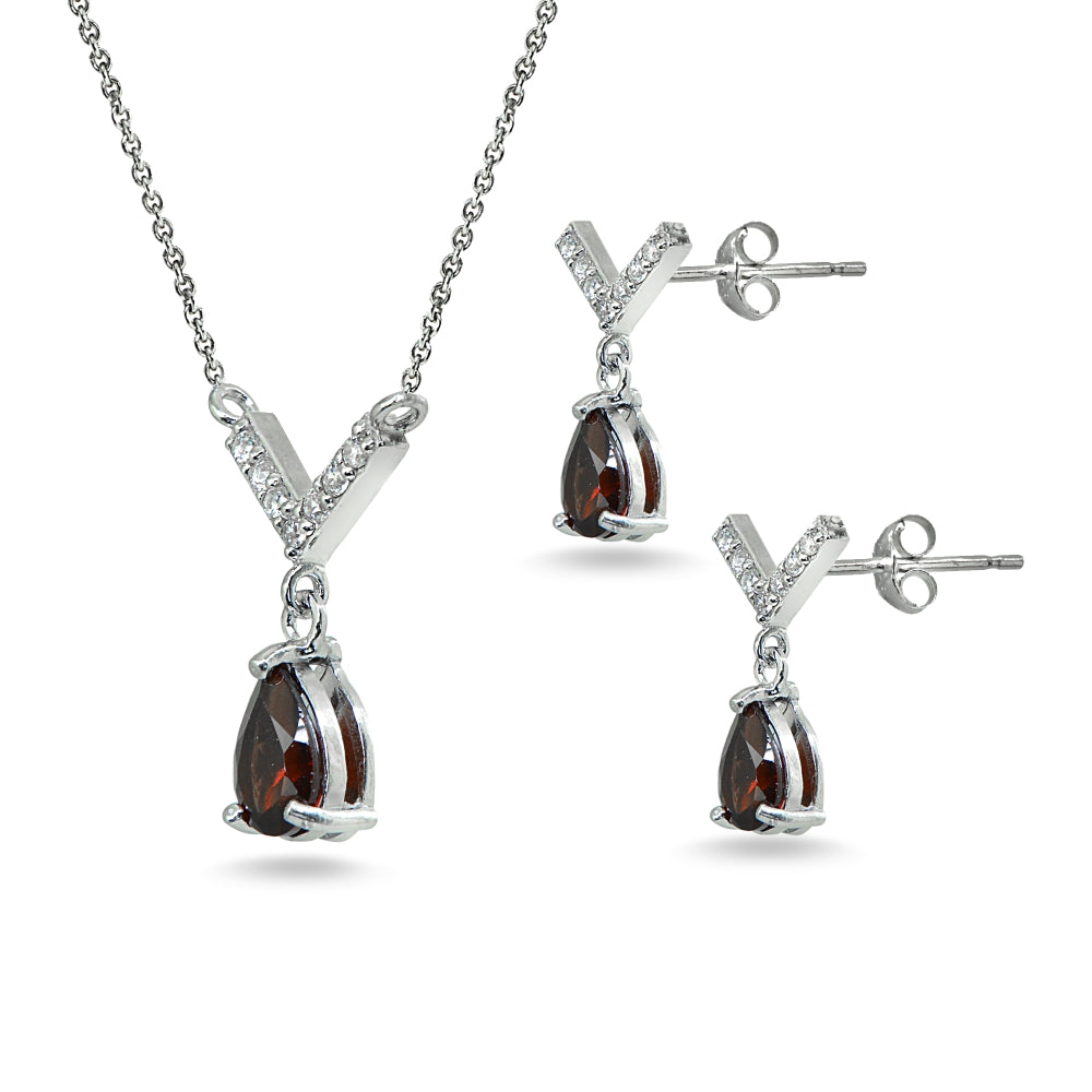 Sterling Silver Garnet Teardrop V Design Arrow Necklace & Dangle Earrings Set-2