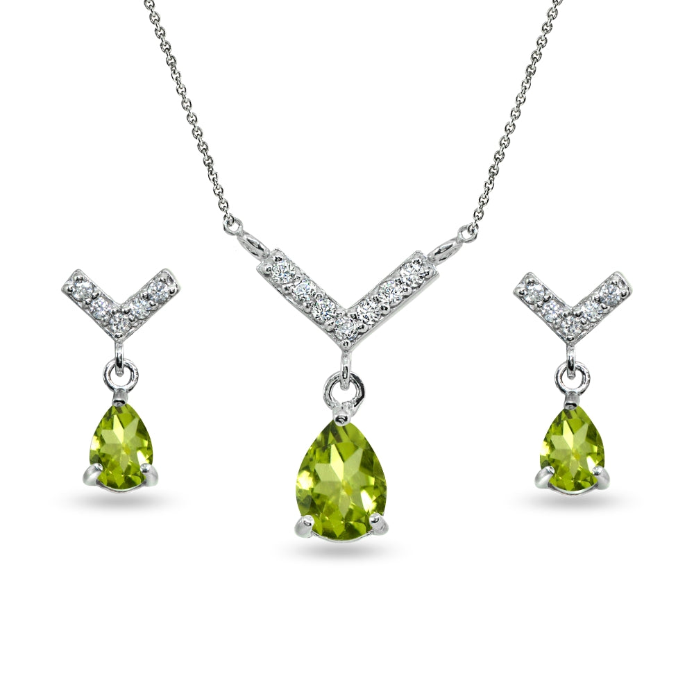Sterling Silver Peridot Teardrop V Design Arrow Necklace & Dangle Earrings Set