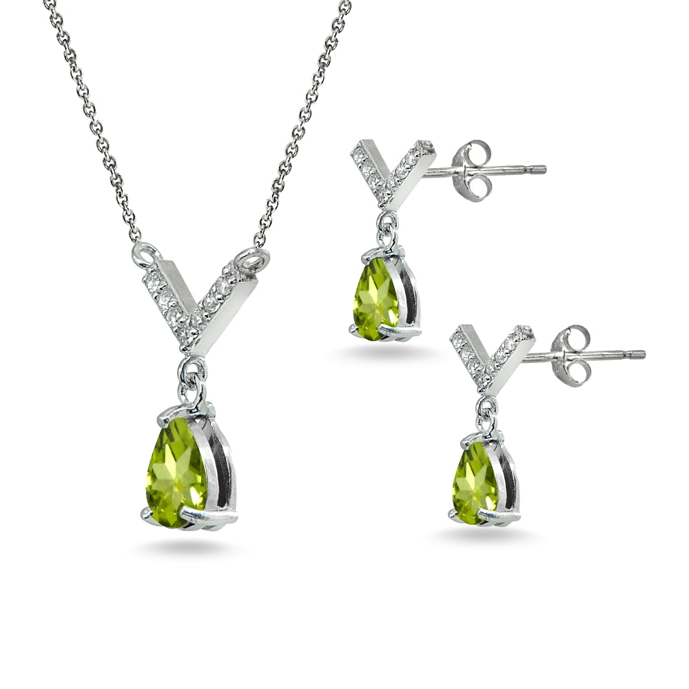 Sterling Silver Peridot Teardrop V Design Arrow Necklace & Dangle Earrings Set-2