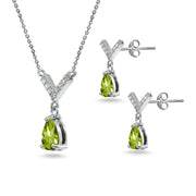 Sterling Silver Peridot Teardrop V Design Arrow Necklace & Dangle Earrings Set