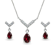 Sterling Silver Created Ruby Teardrop V Design Arrow Necklace & Dangle Earrings Set