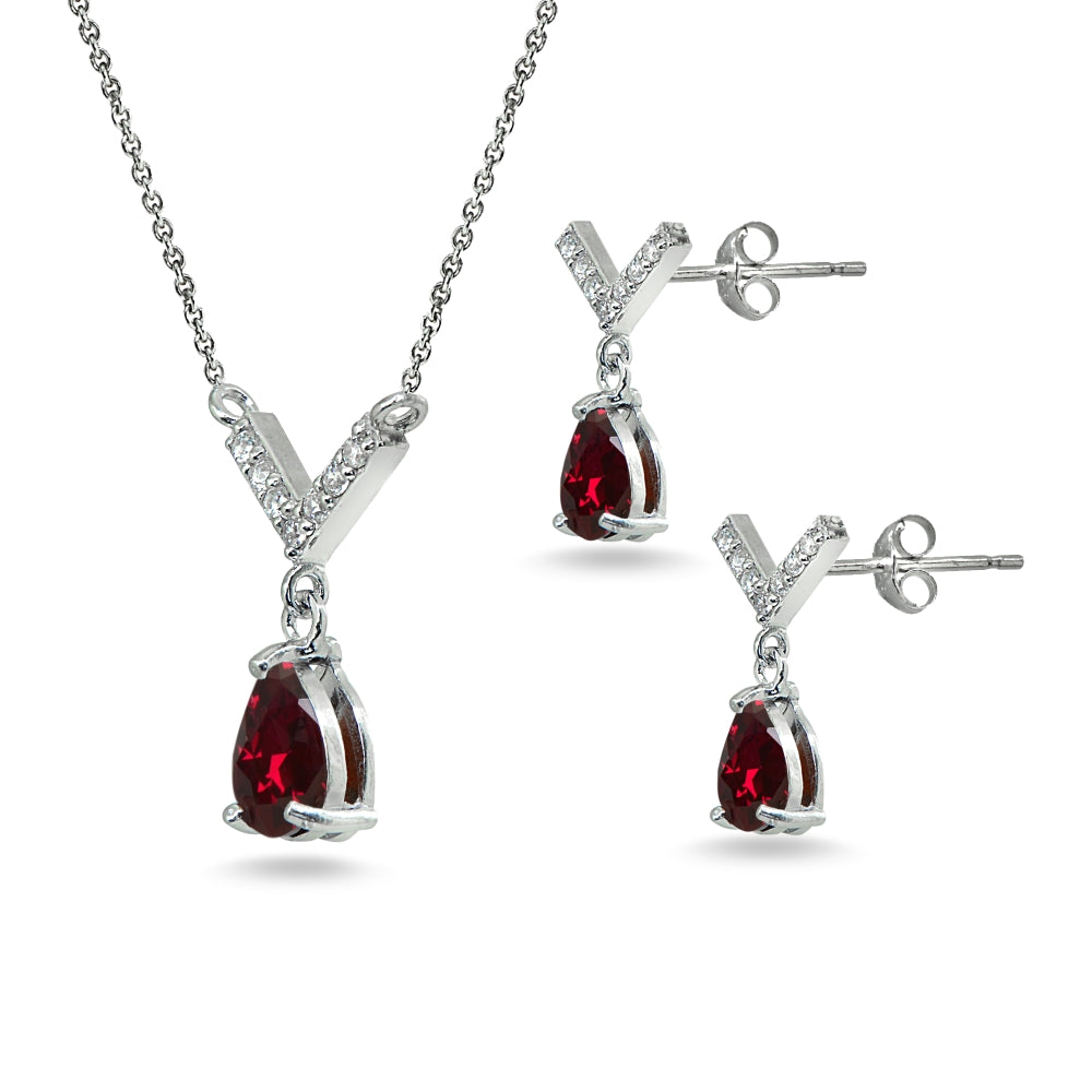 Sterling Silver Created Ruby Teardrop V Design Arrow Necklace & Dangle Earrings Set-2
