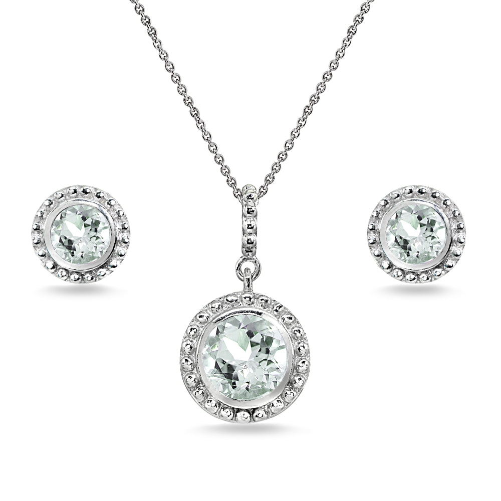 Sterling Silver Light Aquamarine Round-Cut Bead Halo Bezel-Set Pendant Necklace & Stud Earrings Set