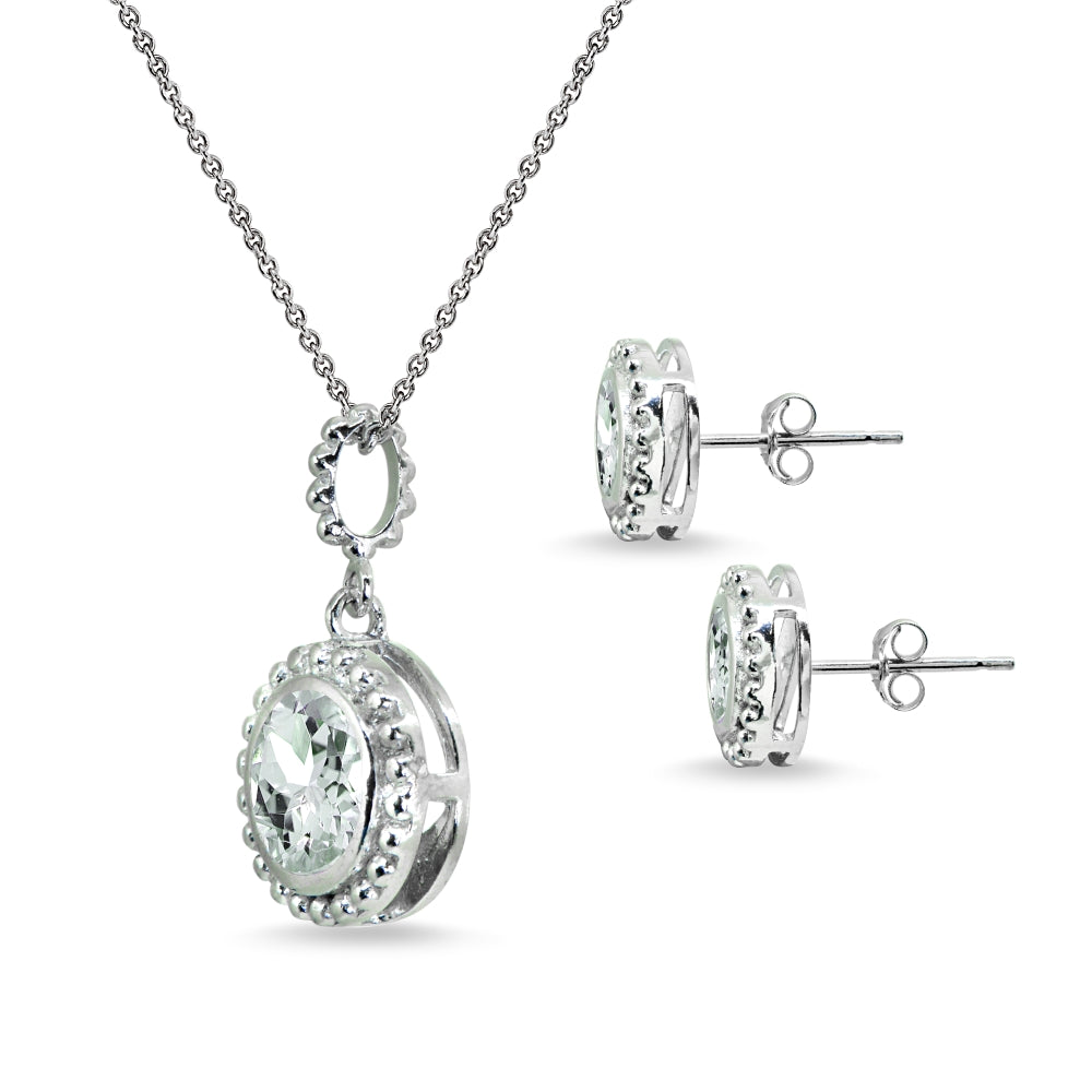 Sterling Silver Light Aquamarine Round-Cut Bead Halo Bezel-Set Pendant Necklace & Stud Earrings Set-2