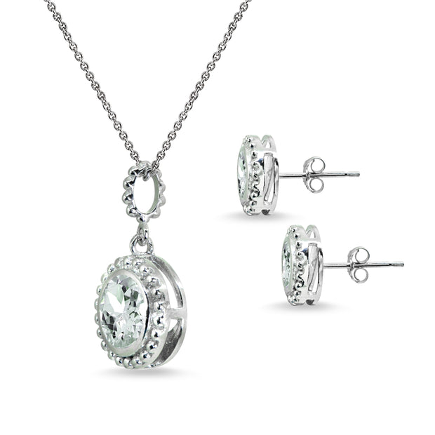 Sterling Silver Light Aquamarine Round-Cut Bead Halo Bezel-Set Pendant Necklace & Stud Earrings Set