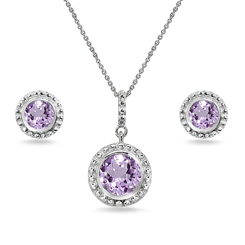 Sterling Silver Amethyst Round-Cut Bead Halo Bezel-Set Pendant Necklace & Stud Earrings Set