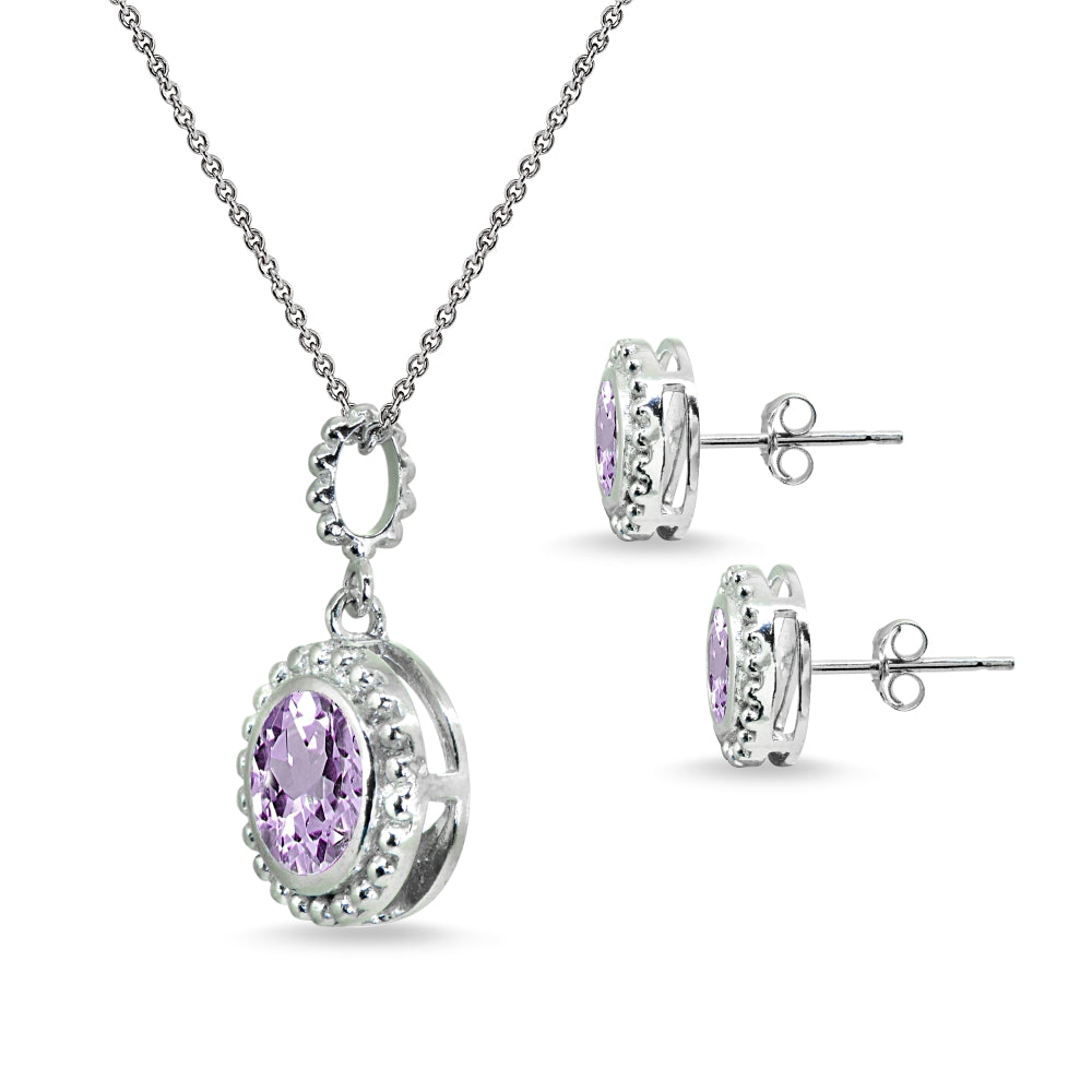 Sterling Silver Amethyst Round-Cut Bead Halo Bezel-Set Pendant Necklace & Stud Earrings Set-2