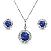 Sterling Silver Created Blue Sapphire Round-Cut Bead Halo Bezel-Set Pendant Necklace & Stud Earrings Set