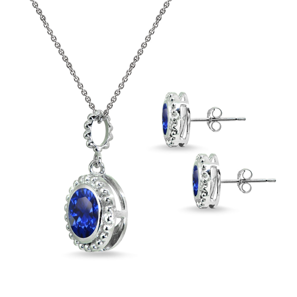 Sterling Silver Created Blue Sapphire Round-Cut Bead Halo Bezel-Set Pendant Necklace & Stud Earrings Set-2