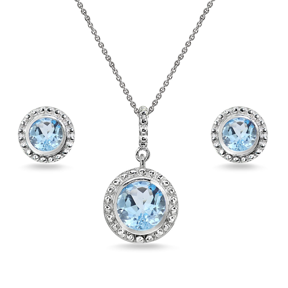 Sterling Silver Blue Topaz Round-Cut Bead Halo Bezel-Set Pendant Necklace & Stud Earrings Set