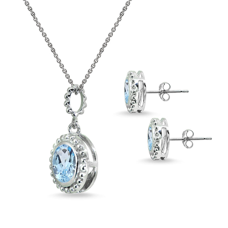 Sterling Silver Blue Topaz Round-Cut Bead Halo Bezel-Set Pendant Necklace & Stud Earrings Set
